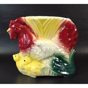 Vintage Ceramic Planter Hen and Chicks 1950s American Bisque Chicken Rooster